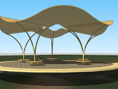 Modern Curved Pergola With Woven Canopy And Benches In Outdoor Area 3d model