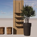 Bonsai Plant In Black Pot With Wooden Planters And Hanging Shelves On Wooden Wall