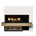 Modern Fireplace Interior With Burning Flames Stone Surround And Wood Logs Storage Design