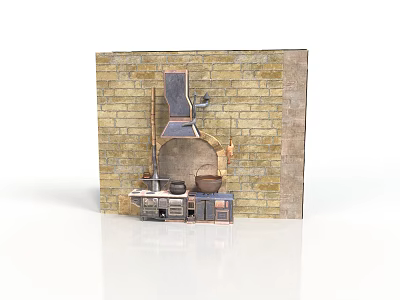 Vintage Kitchen Interior With Brick Wall Range Hood Stove Pots And Cabinets 3d model
