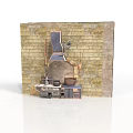 Vintage Kitchen Interior With Brick Wall Range Hood Stove Pots And Cabinets