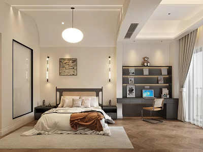 Modern Kids Room Interior Design With Comfortable Bed Study Desk And Wall Shelves 3d model