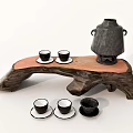 Natural Wood Tea Set with Black Teapot Teacups and White Saucers on Log Tray