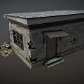 Dilapidated Small House With Damaged Walls Slanted Roof Iron Bar Window And Scattered Rubble