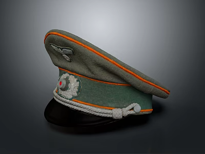 Classic Green Military Cap With Orange Trim Decorative Badge And Rope Knot 3d model