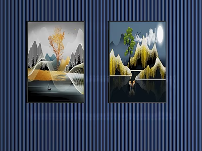 Modern Minimalist Landscape Paintings With Yellow Trees Mountains Boat Moon And Water Reflection 3d model