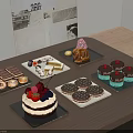 Assorted Desserts Display With Cake Cupcakes Chocolate And Fruit Platter On Wooden Table