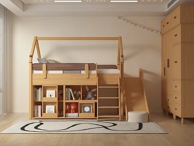 Kids Room Interior With Wooden Bunk Bed Ladder Slide Bookshelf Toys And Rug 3d model