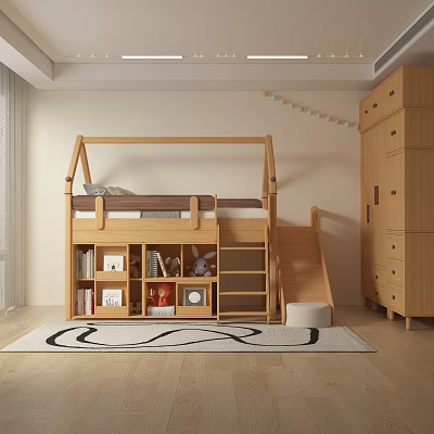 Kids Room Interior With Wooden Bunk Bed Ladder Slide Bookshelf Toys And Rug 3d model