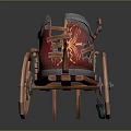Vintage Chariot 3D Model with Wooden Spoked Wheels and Red and Silver Metal Decoration
