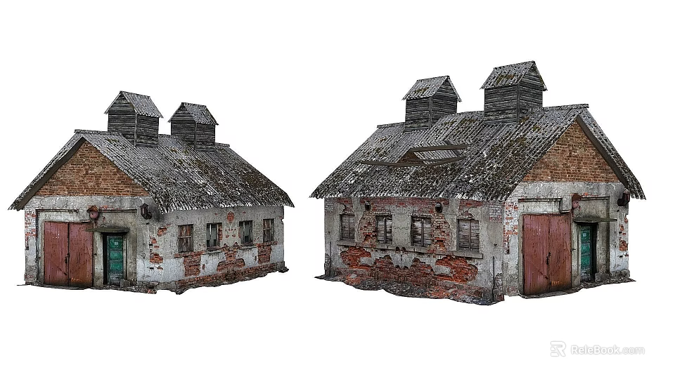 Old Industrial Factory Buildings With Weathered Brick Walls Roof Chimneys Green And Red Doors 3d model 
