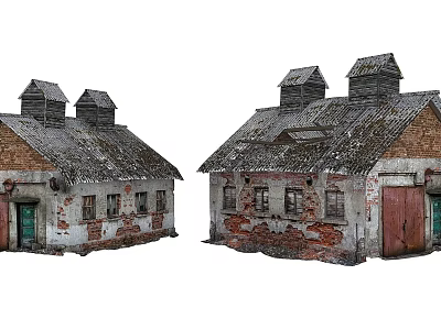 Old Industrial Factory Buildings With Weathered Brick Walls Roof Chimneys Green And Red Doors 3d model