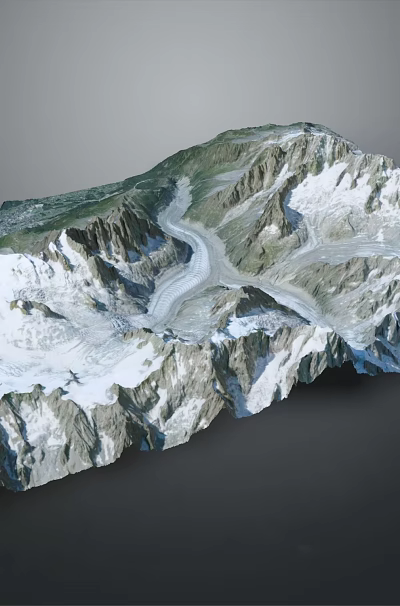 Natural Mountain Landscape With Snowy Peaks Valley River And Detailed Terrain 3d model