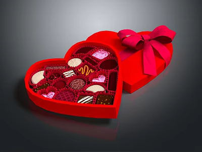 Heart Shaped Red Gift Box Filled With Assorted Chocolates And Pink Bow 3d model