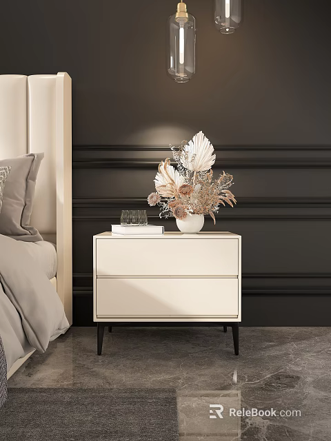 Modern White Bedside Table with Vase Dried Flowers and Books in Bedroom 3d model 