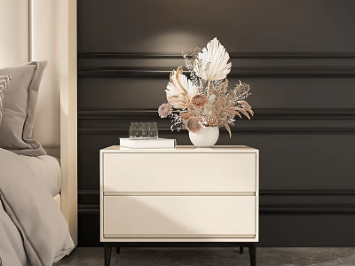 Modern White Bedside Table with Vase Dried Flowers and Books in Bedroom 3d model
