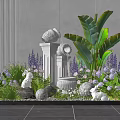 Indoor Landscape With Large Green Plants Stone Pillars White Sculptures And Purple Flowers