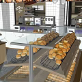 Mall Bakery Shop With Fresh Bread Pastries On Glass Display Counter And Wooden Cabinets