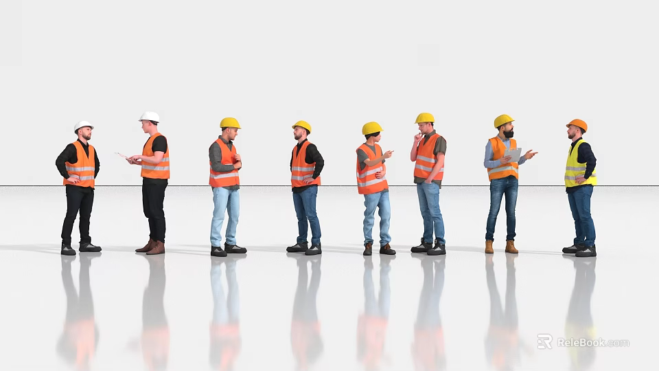 Group of Construction Workers Wearing Safety Vests And Hard Hats Standing Discussing Work Plans 3d model 