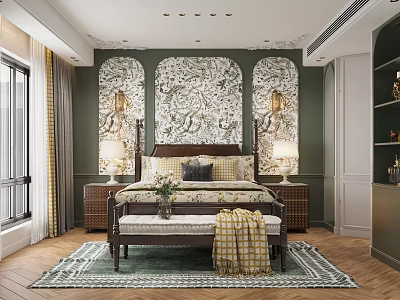 Classic Green Bedroom Interior With Patterned Wall Headboard And Bench 3d model