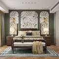 Classic Green Bedroom Interior With Patterned Wall Headboard And Bench