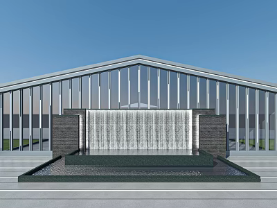 Modern Waterfall Wall With Flowing Water And Reflecting Pool In Front Of Glass Building 3d model