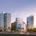 Modern High Rise Office Building Exterior With Glass Curtain Wall And Greenery