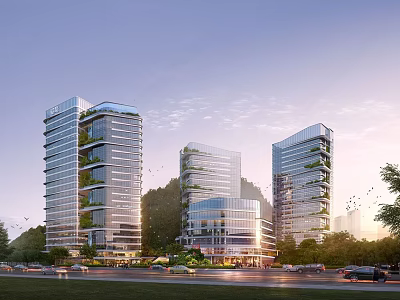 Modern High Rise Office Building Exterior With Glass Curtain Wall And Greenery 3d model
