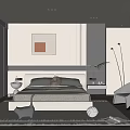 Modern Bedroom Interior Design With Large Bed Framed Artwork Nightstand Floor Lamp And Striped Rug