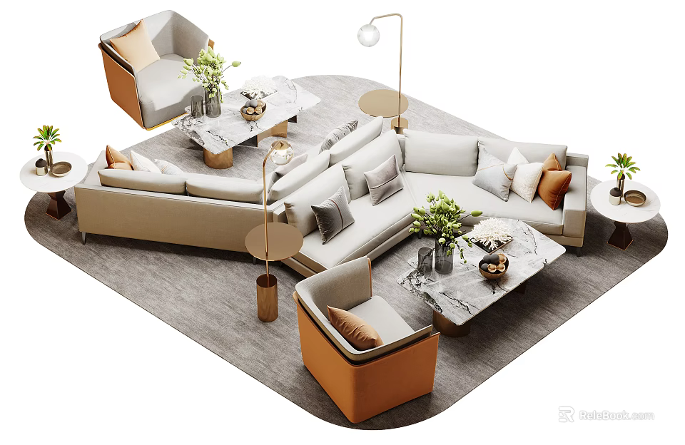 Modern Beige Sofa Coffee Table Set With Marble Top Orange Chairs Green Plants Floor Lamp 3d model 