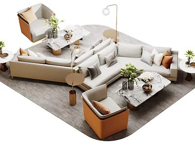 Modern Beige Sofa Coffee Table Set With Marble Top Orange Chairs Green Plants Floor Lamp 3d model