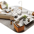 Modern Beige Sofa Coffee Table Set With Marble Top Orange Chairs Green Plants Floor Lamp