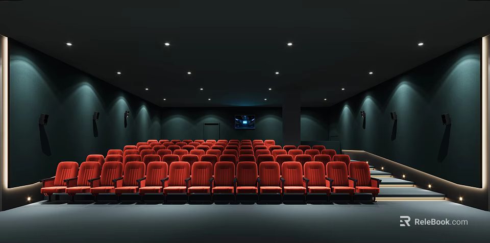 Modern Cinema Interior With Red Seats In Rows Dark Walls And Ceiling Lighting 3d model 