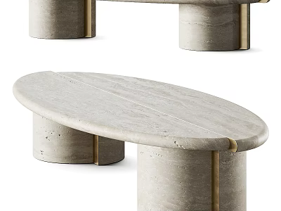 Modern Oval Coffee Table With Marble Top And Cylindrical Metal Accent Bases 3d model