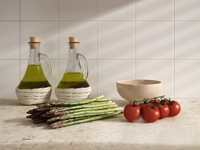 Fresh Asparagus Spears Cherry Tomatoes And Olive Oil Bottles On Kitchen Counter With Wooden Bowl 3d model