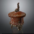 Ancient Red Ceramic Vessel With Carved Figure Lid Tripod Base And Decorative Patterns
