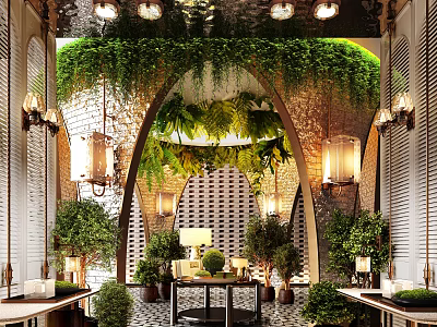 Elegant Nature Themed Hotel Lobby With Lush Green Plants Arched Decor And Warm Ambient Lighting 3d model