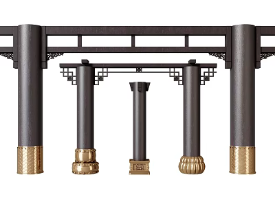 Traditional Decorative Columns With Black Finish Golden Base And Carved Top Details 3d model