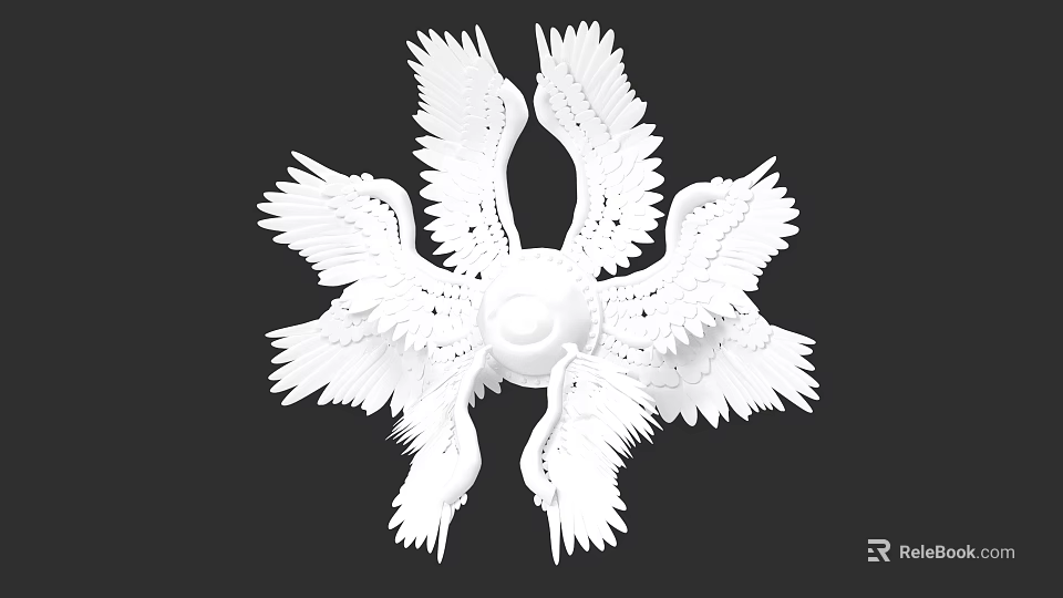 White Multiple Bird Wings Sculpture With Symmetrical Central Feather Design 3d model 