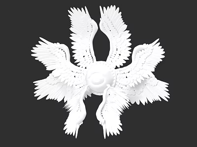 White Multiple Bird Wings Sculpture With Symmetrical Central Feather Design 3d model