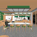 Modern Restaurant Interior With Wooden Ceiling Green Decor Open Layout Counter And Tables