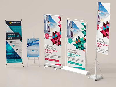Sturdy Commercial Roll Up Banner Displays With Colorful Triangular Patterns And Business Promotion Information 3d model