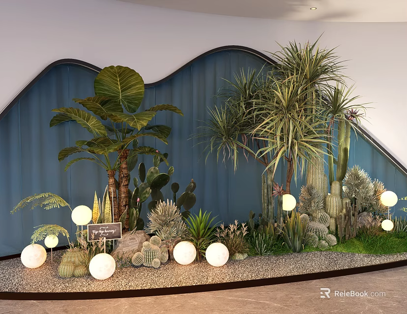 Indoor Landscape With Wavy Blue Background Wall Various Plants Cacti Round White Lamps And Pebbles 3d model 