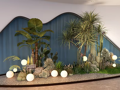Indoor Landscape With Wavy Blue Background Wall Various Plants Cacti Round White Lamps And Pebbles 3d model