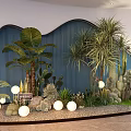 Indoor Landscape With Wavy Blue Background Wall Various Plants Cacti Round White Lamps And Pebbles