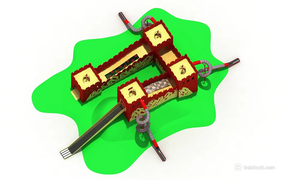 Red and Gold Architectural Components With Tower like Structures And Connecting Tracks 3d model