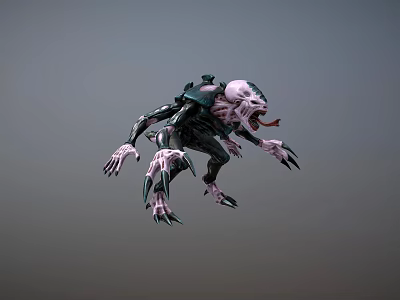 Game Movie Character Alien Monster Green White Body Open Mouth Tongue Sharp Claws Jumping Pose 3d model