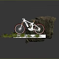 White Bicycle With Red Wheels Standing By Stone And Green Plants On White Platform