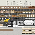 Functional Coffee Shop Table With Coffee Equipment Tea Supplies And Organized Jars