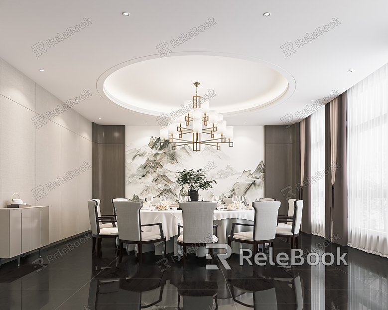 New Chinese Style Room Restaurant Box Catering Room Hotel Catering Room Round Dining Table Background Wall Art Chandelier model